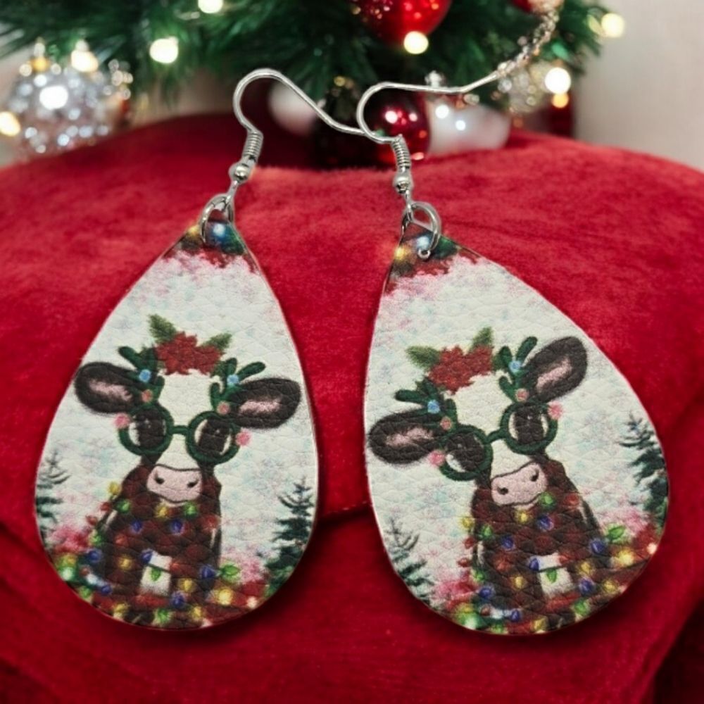 Holiday Earrings 🎄 Christmas Cow Reindeer Glasses Leather Festive Pierced Ears